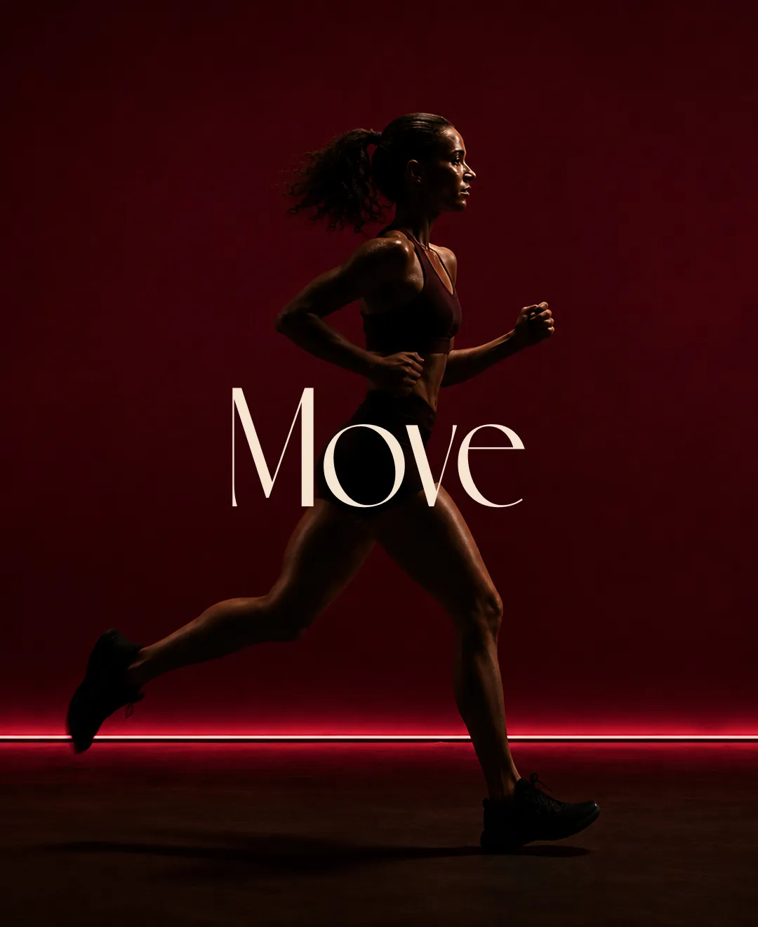 Move — a runner mid-stride against the red wall and its neon